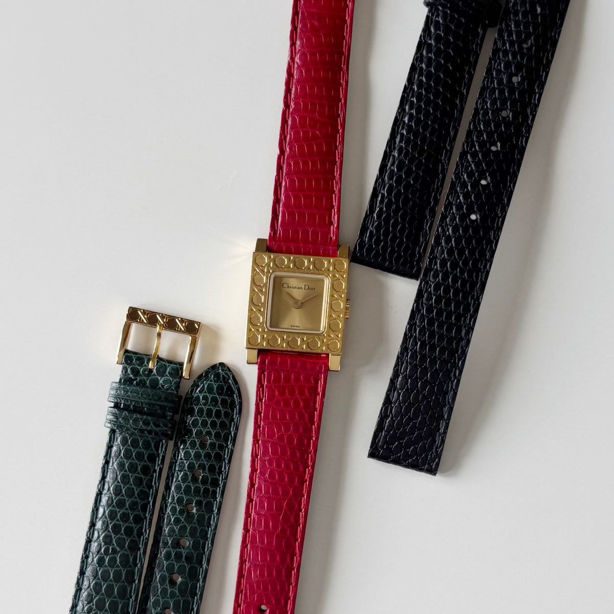 Dior 1990s Square Dial Interchangeable strap Gold Plated Watch with 3 straps, case