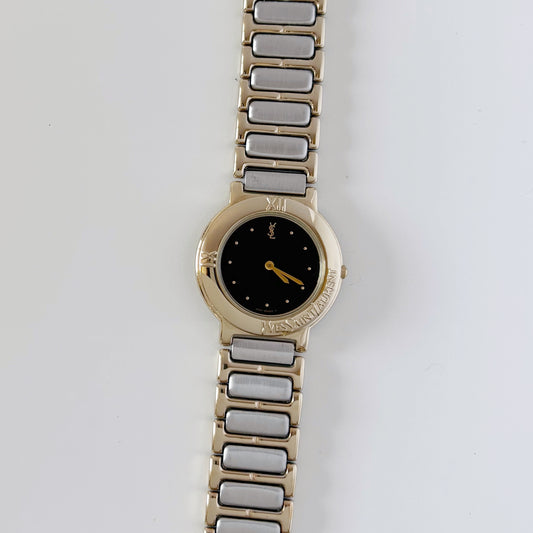 Yves Saint Laurent 1990s Black Dial Two Tone Watch (Mens)