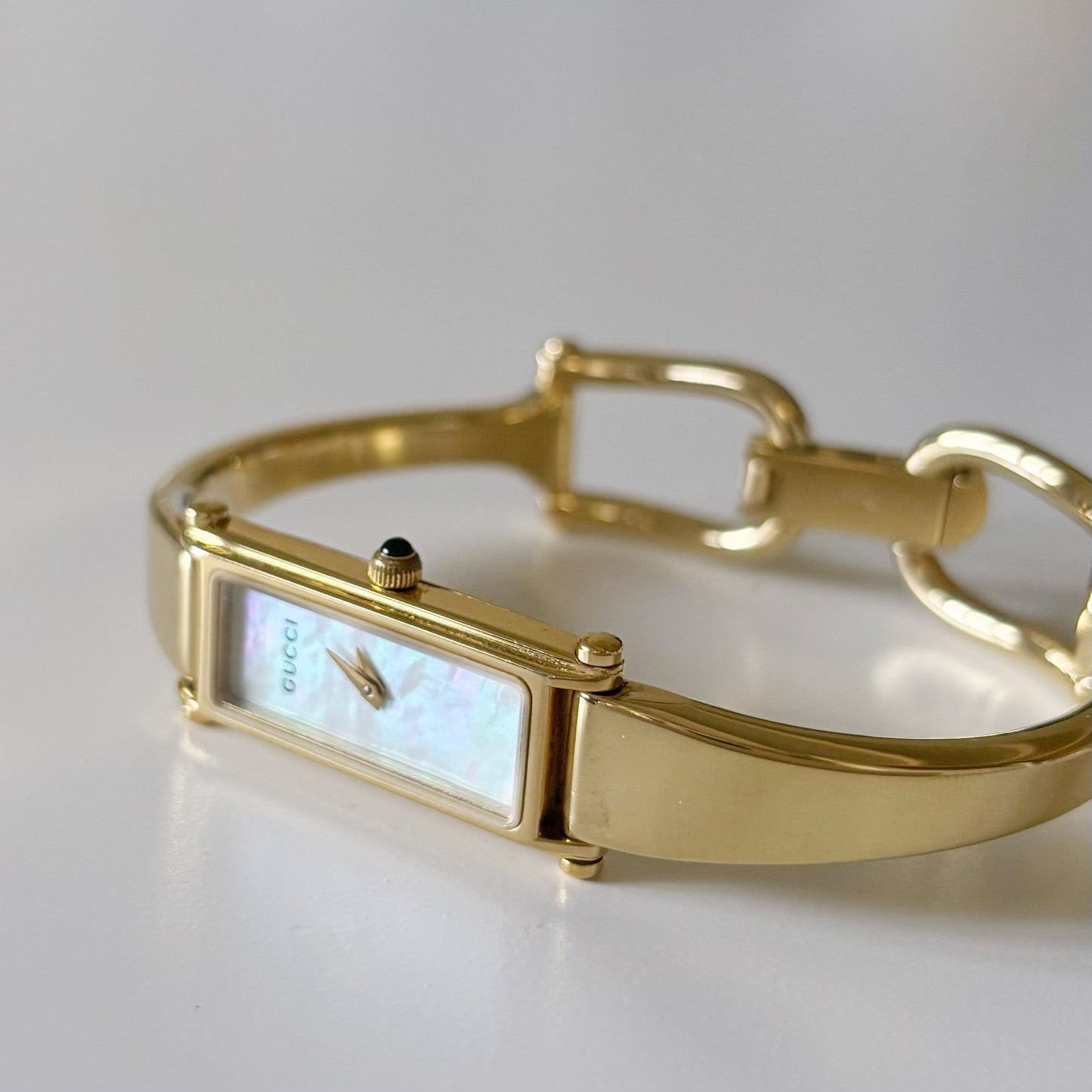 Gucci 1990s Seashell Dial Rectangular Gold Plated Bangle Watch