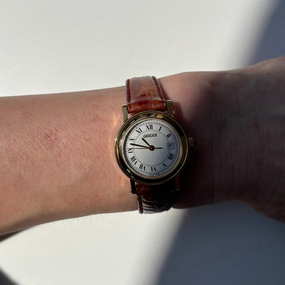 Gucci 1990s Date Round Dial Gold Plated Watch