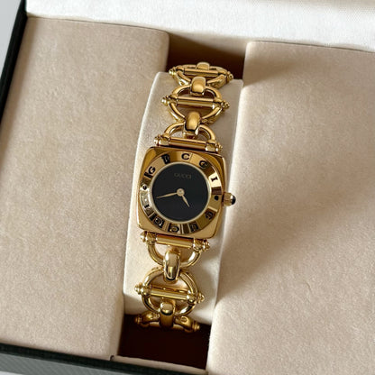 Gucci 1990s Black Dial Gold Plated Horsebit Watch