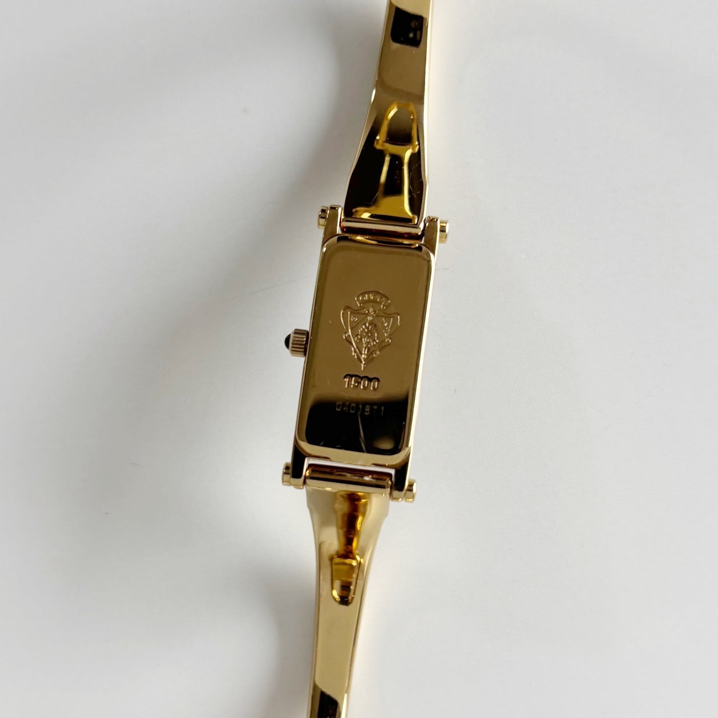 Gucci 1990s Rectangular Seashell Dial Gold Plated Bangle Watch