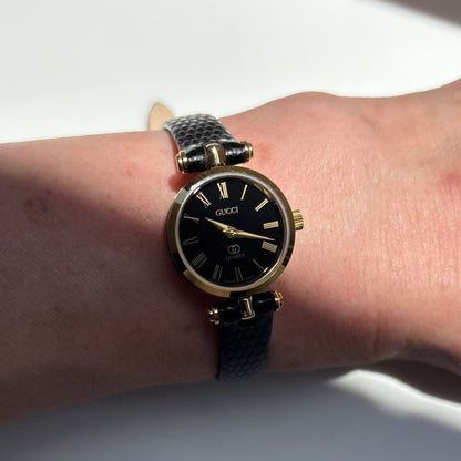 Gucci 1980s Black Round Dial Gold Plated Watch