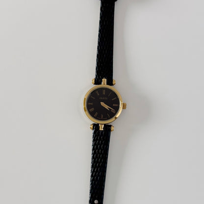 Gucci 1990s Black Round Dial Gold Plated Watch