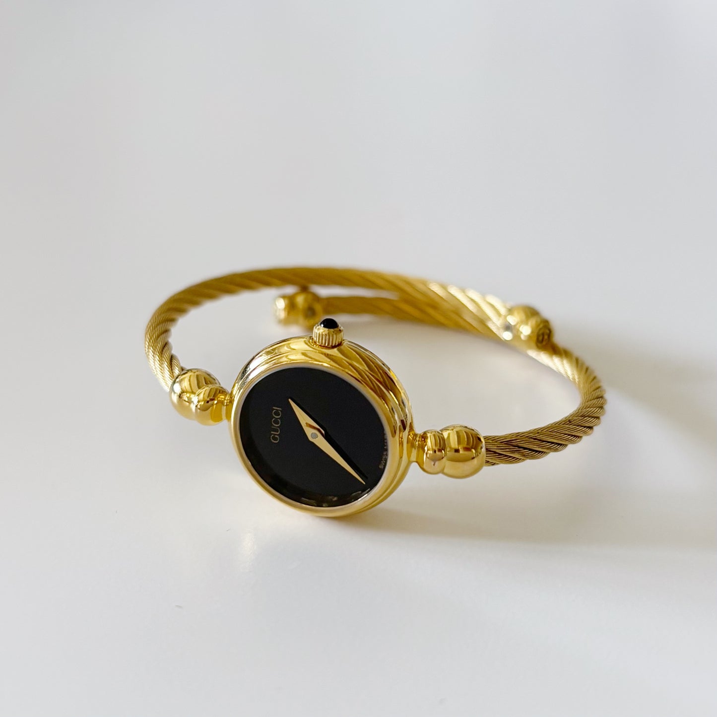 Gucci 1990s Black Dial Gold Plated Cable Bangle Watch