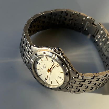 Dior 1990s Date Round Dial Silver Watch