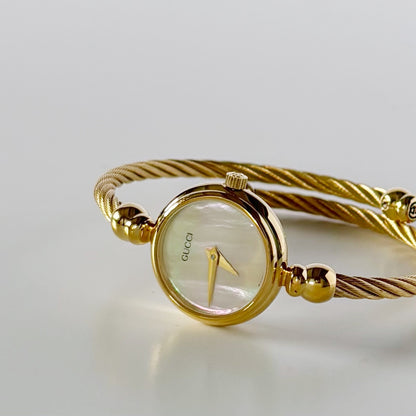 Gucci 1990s Seashell Dial Gold Plated Cable Bangle Watch