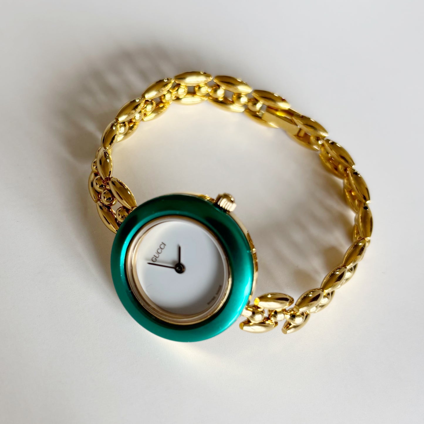 Gucci 1990s Interchangeable Bezel Gold Plated Rice Chain Watch with 6 bezels, case (160mm)