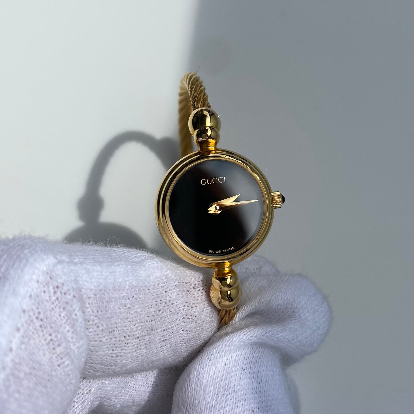 Gucci 1990s Black Dial Gold Plated Cable Bangle Watch