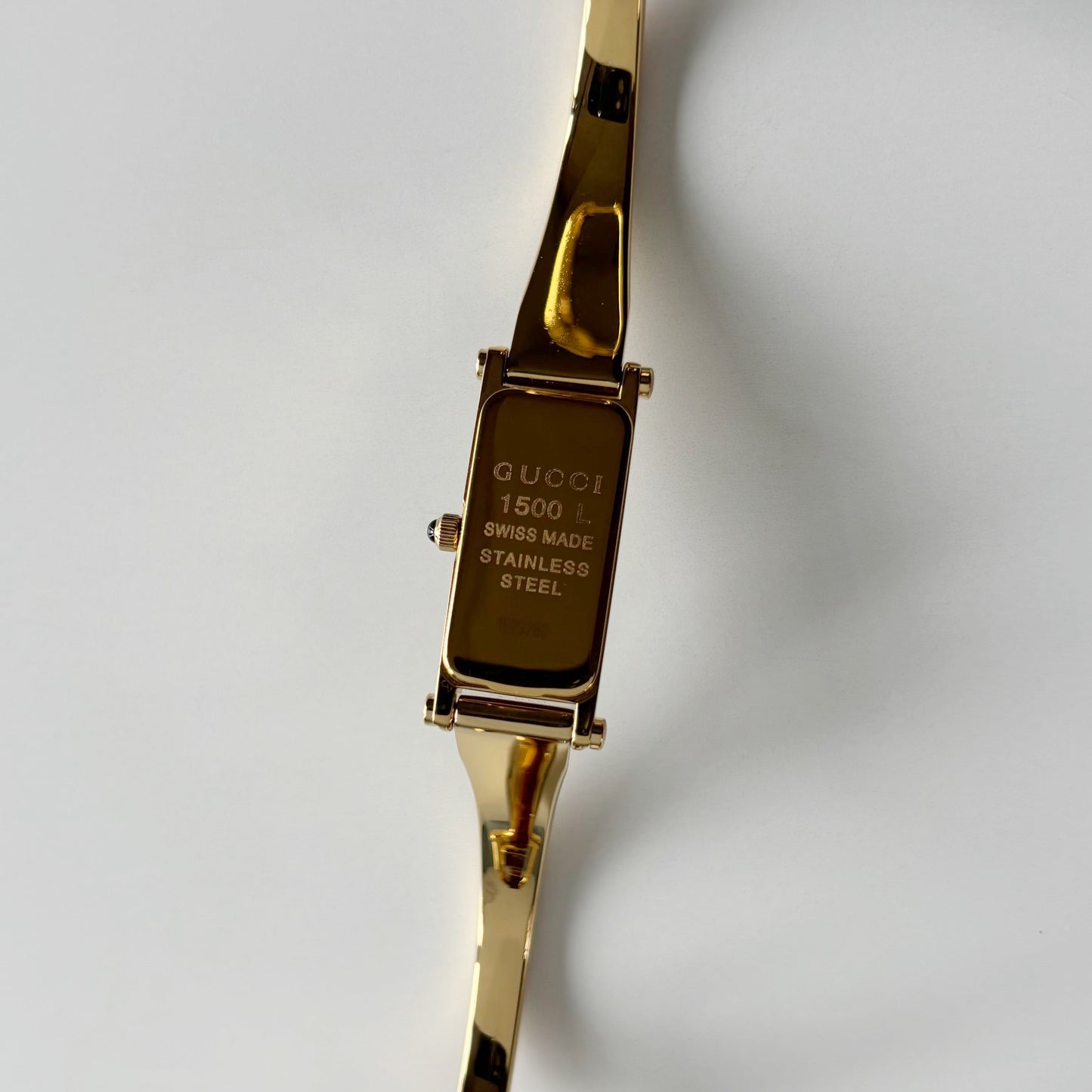 Gucci 1990s Gold Rectangular Dial Gold Plated Bangle Watch