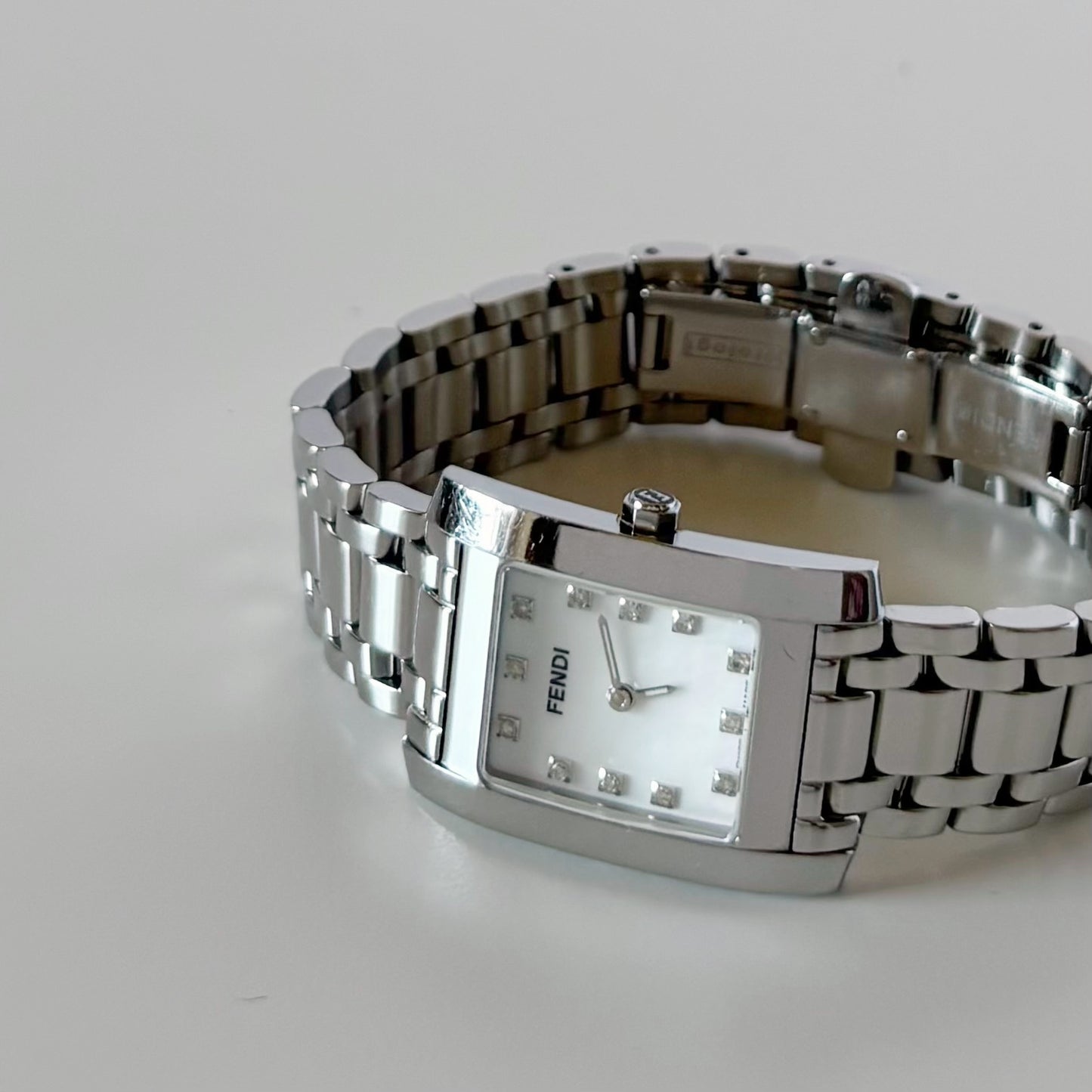 Fendi 1990s Seashell Dial Tank Silver Watch