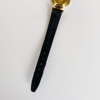 Fendi 1990s Black Dial Gold Plated Round Leather Watch