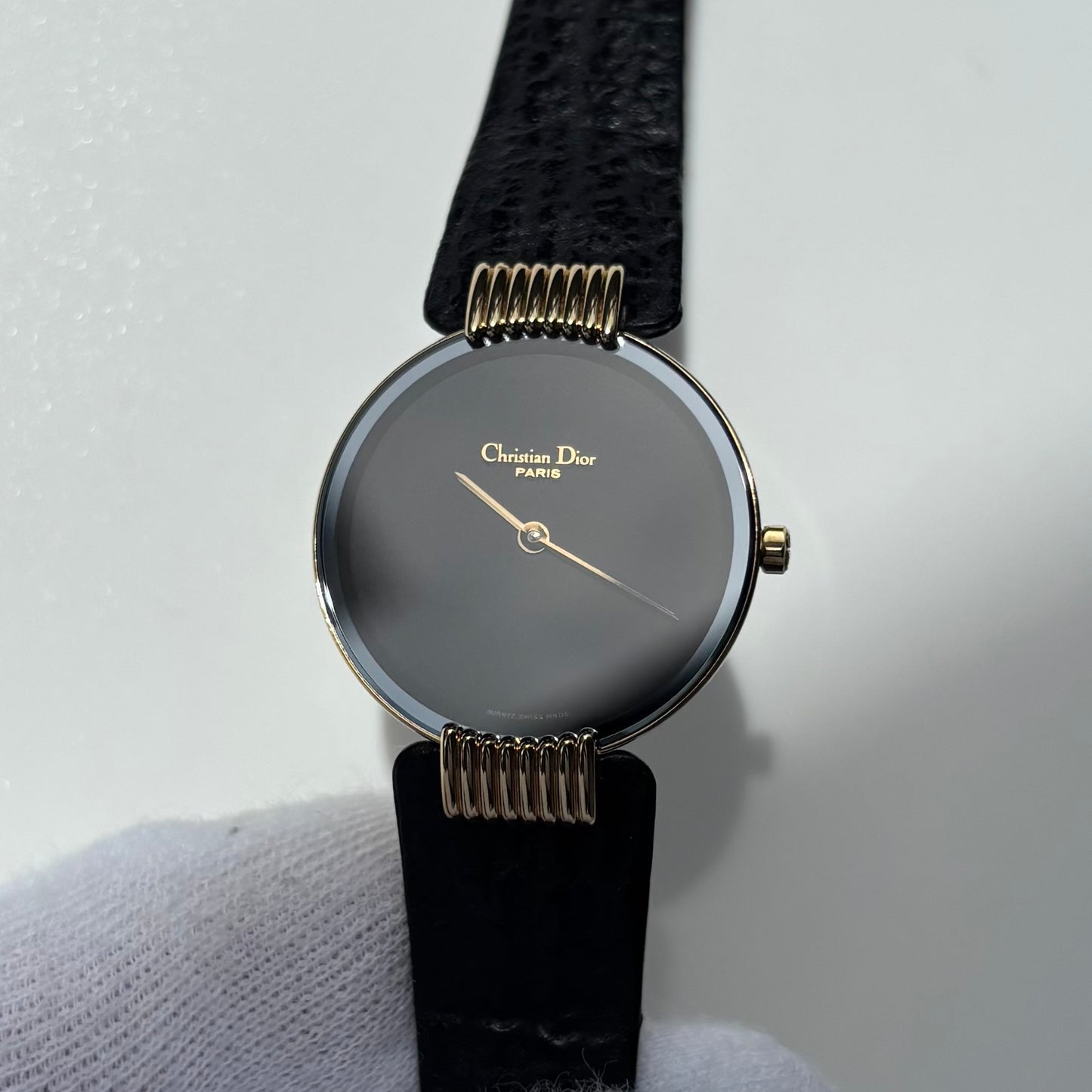 Dior 1990s Black Round Dial Gold Plated Watch