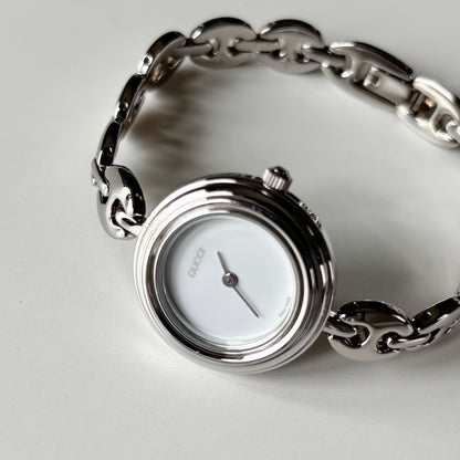 Gucci 1990s Interchangeable Bezel Silver Stainless Steel Watch with 6 bezels, case (165mm)