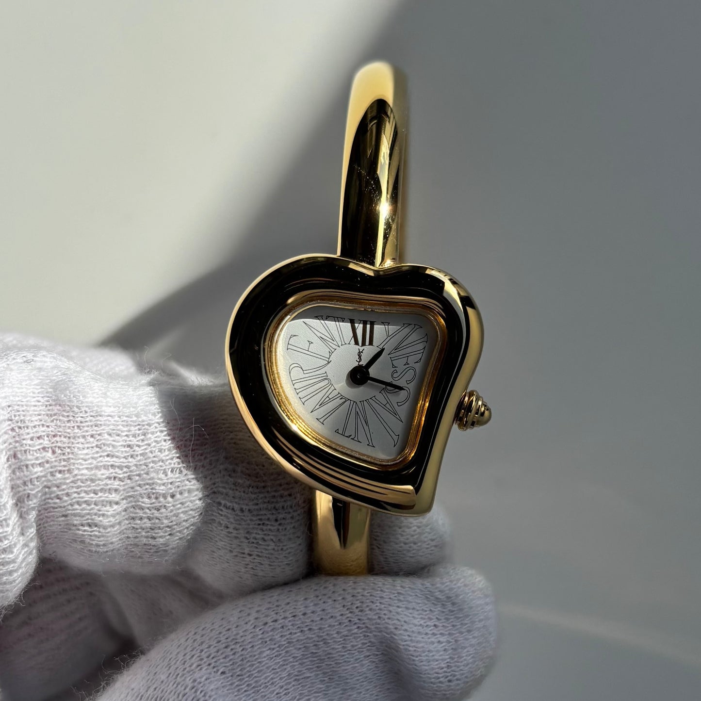 Yves Saint Laurent 1990s Heart Shaped Dial Gold Plated Bangle Watch