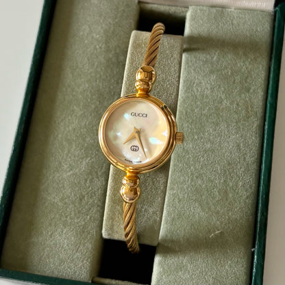 Gucci 1990s Seashell Dial Cable Gold Plated Bangle Watch