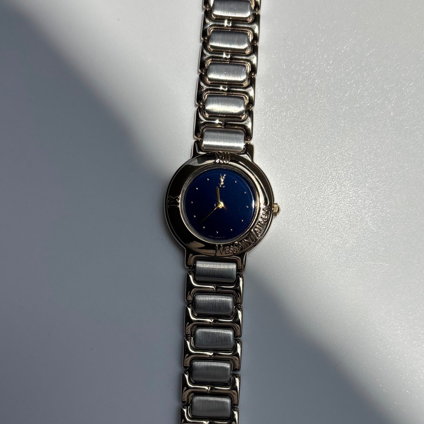 Yves Saint Laurent 1990s Navy Round Dial Two Tone Gold Plated Watch