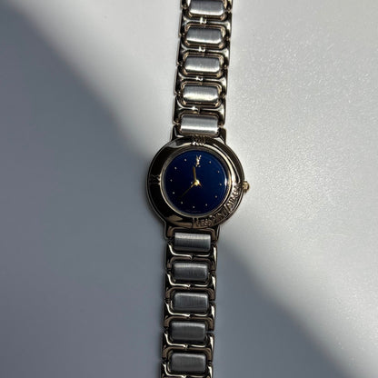 Yves Saint Laurent 1990s Navy Round Dial Two Tone Gold Plated Watch