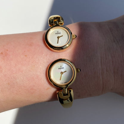 Fendi 1990s Seashell Dial Two Time Zone Gold Plated Bangle Watch