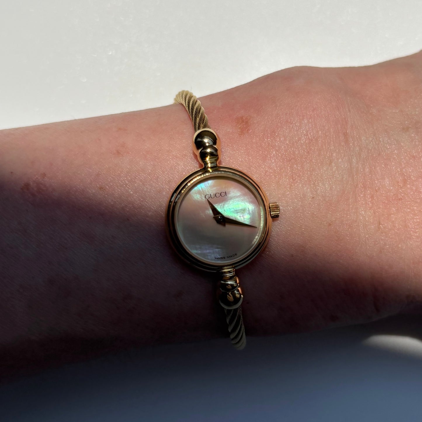 Gucci 1990s Seashell Dial Gold Plated Cable Bangle Watch