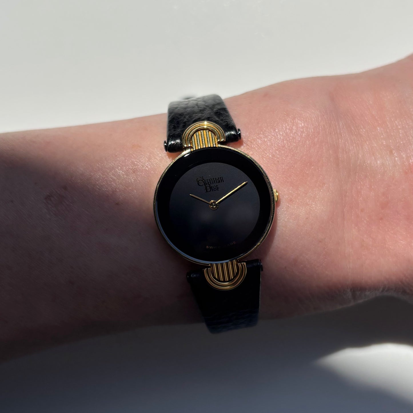Dior 1990s Black Round Dial Gold Plated Watch