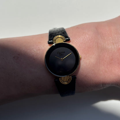 Dior 1990s Black Round Dial Gold Plated Watch