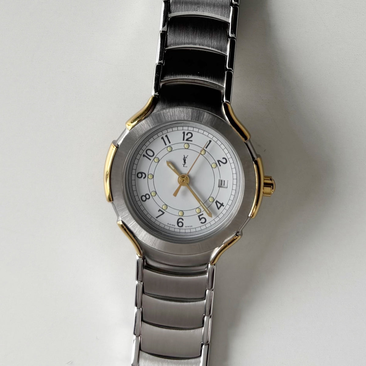 Yves Saint Laurent 1990s Round Dial Date Two-Tone Gold-Plated Watch