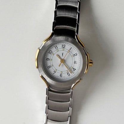 Yves Saint Laurent 1990s Round Dial Date Two-Tone Gold-Plated Watch