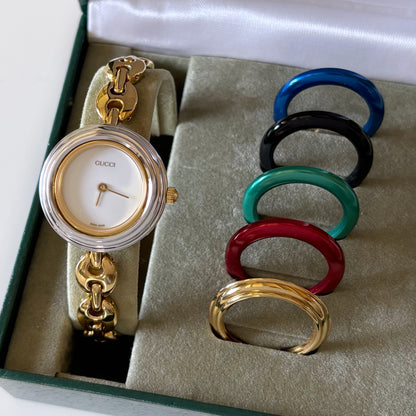 Gucci 1990s Interchangeable Bezel Gold Plated Watch with 6 bezels, case (165m)