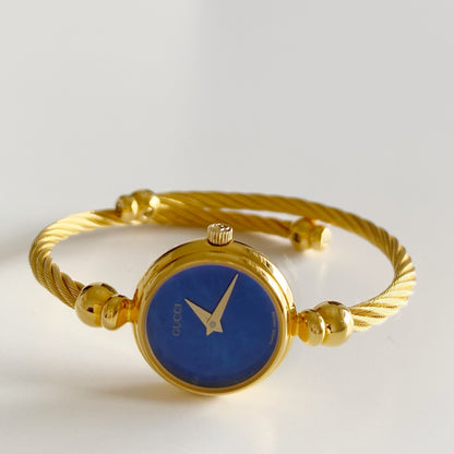 Gucci 1990s Blue Dial Gold Plated Cable Bangle Watch