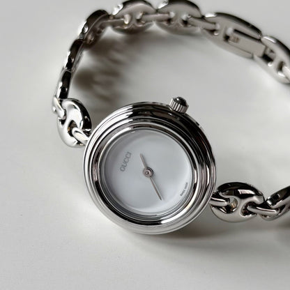 Gucci 1990s Interchangeable Bezel Silver Stainless Steel Watch with 6 bezels, case (165mm)