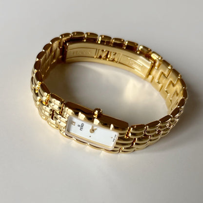 Fendi 1990s Rectangular White Dial Gold Plated Watch