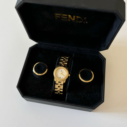 Fendi 1990s Interchangeable Bezel Gold Plated Round Watch