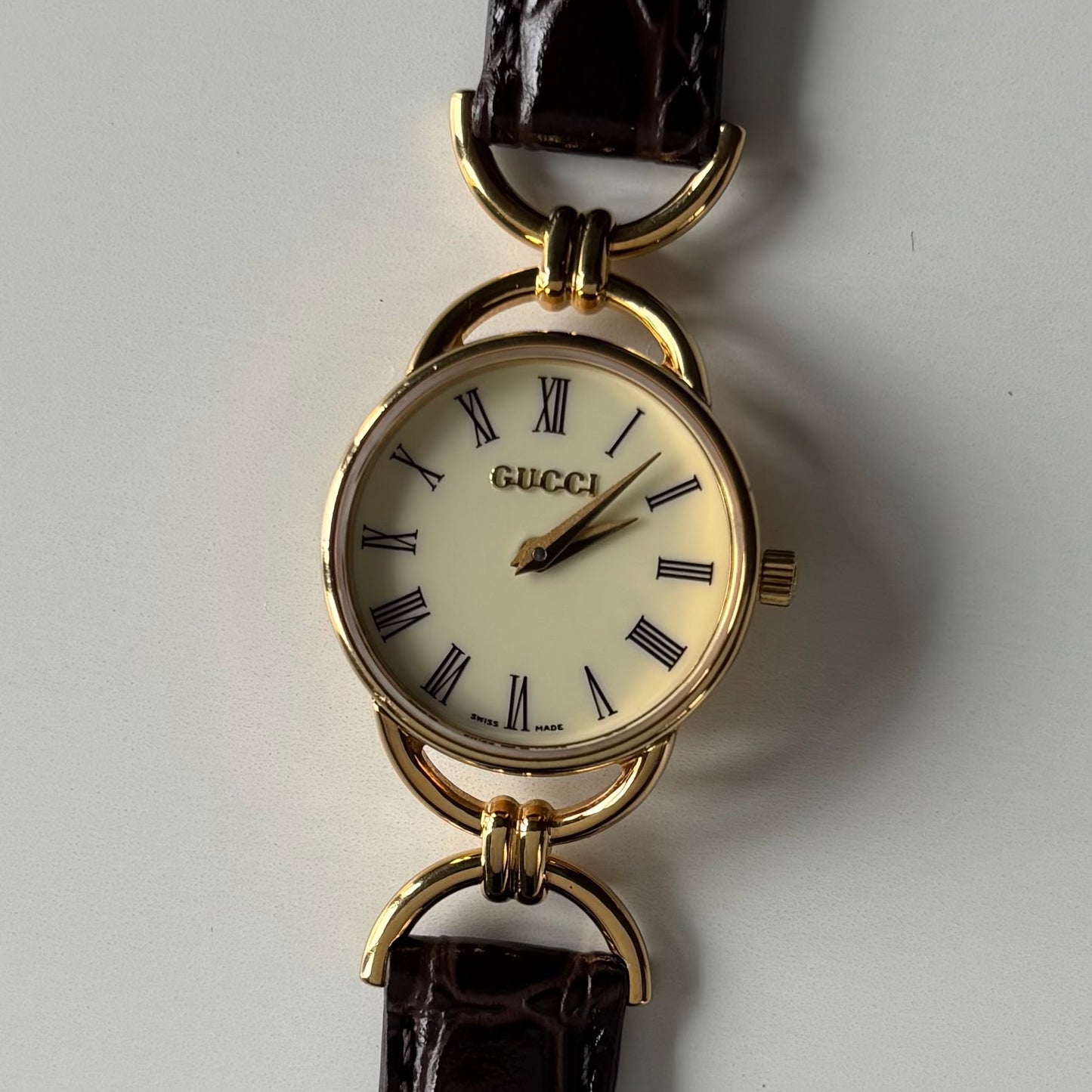 Gucci 1990s Cream Dial Horsebit Gold Plated Watch