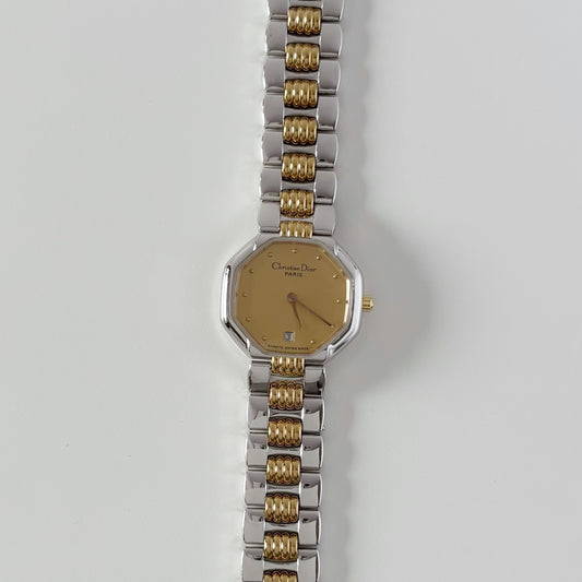 Dior 1990s Octagon Two Tone Gold Plated Watch