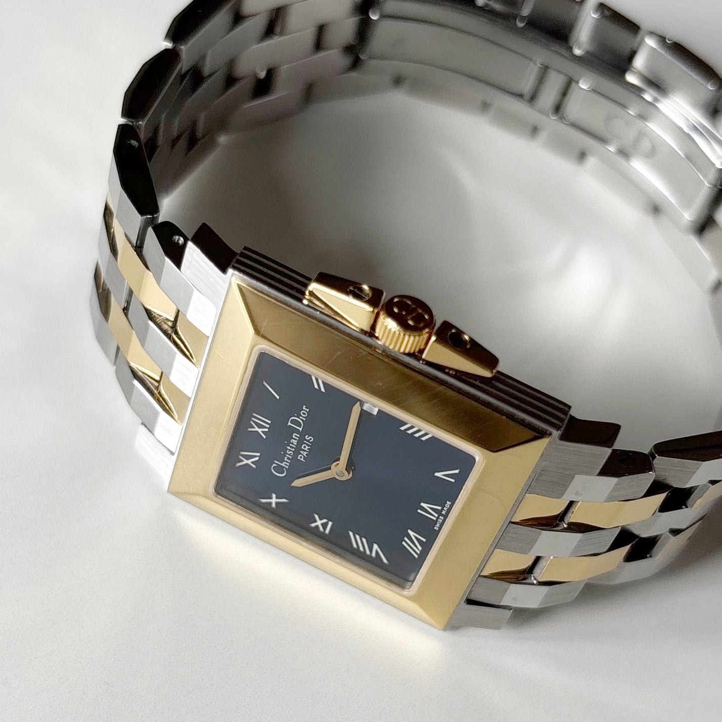 Dior 1990s Monsieur De Dior Navy Square Dial Two Tone Watch (Large)