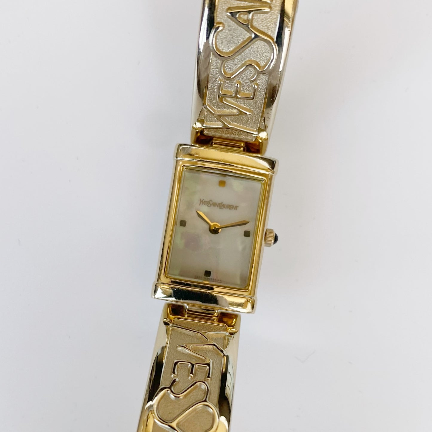 Yves Saint Laurent 1990s Seashell Dial Gold Plated Bangle Watch