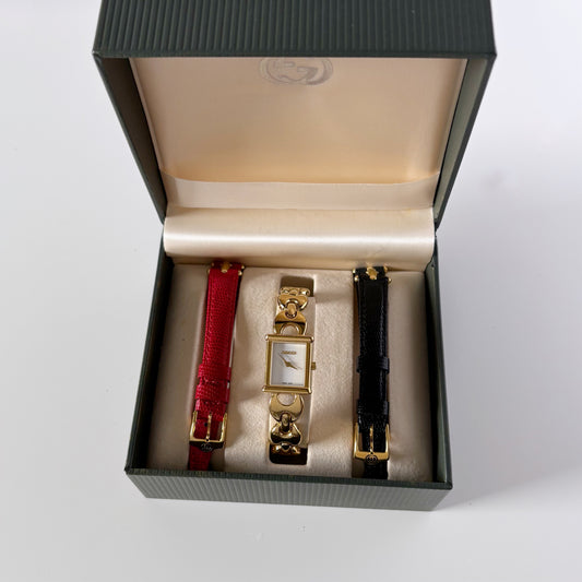 Gucci 1990s Interchangeable Strap Gold Plated Watch with 3 straps, case