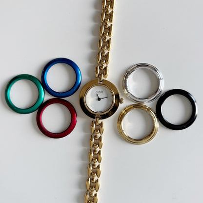 Gucci 1990s Interchangeable Bezel Gold Plated Watch with 6 bezels, case (160mm)