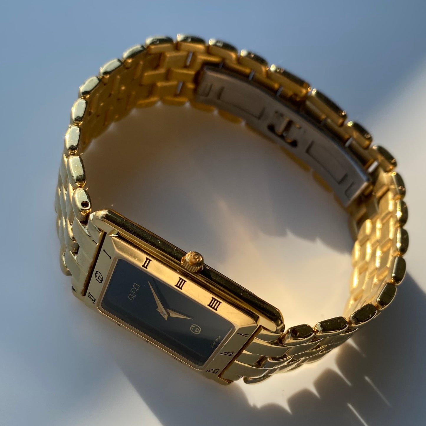 Gucci 1990s Black Dial Tank Gold Plated Watch (Large)