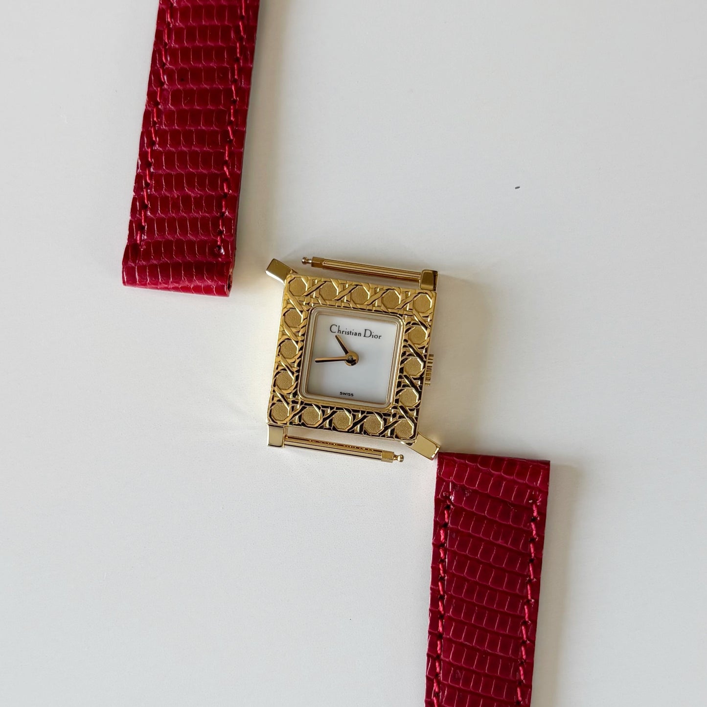 Dior 1990s La Parisienne Interchangeable Strap Square Dial Gold Plated Watch with 3 straps, case