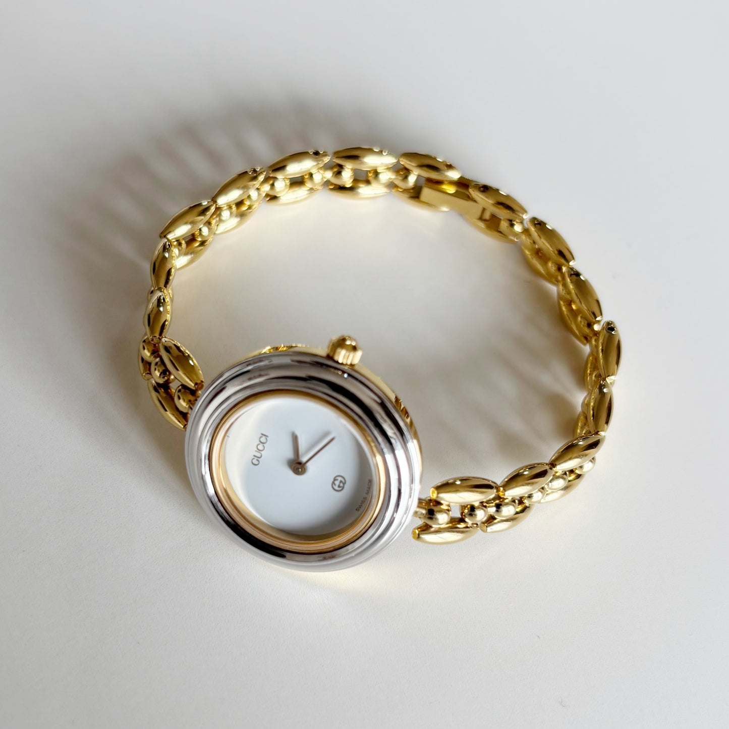 Gucci 1990s Interchangeable Bezel Gold Plated Rice Chain Watch with 6 bezels, case (160mm)