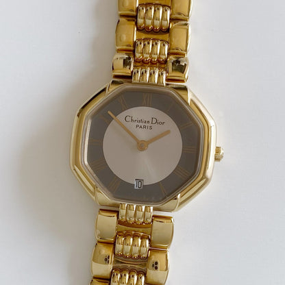 Dior 1990s Date Octagon Gold Plated Watch
