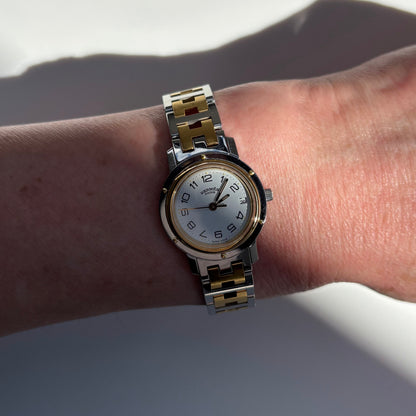 Hermes 1990s Clipper Date Round Dial Two Tone Gold Plated Watch