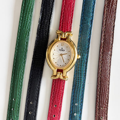 Fendi 1990s Interchangeable Belt Gold Plated Watch with 5 straps, case