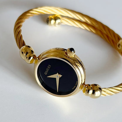 Gucci 1990s Black Dial Gold Plated Cable Band Bangle Watch