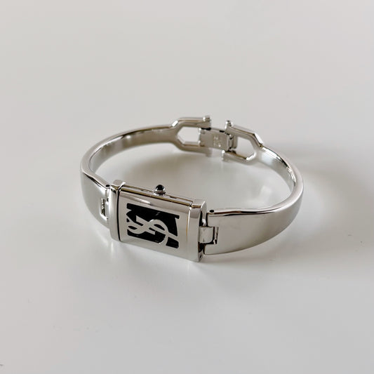 Yves Saint Laurent 1990s Black Dial Silver Bangle Watch