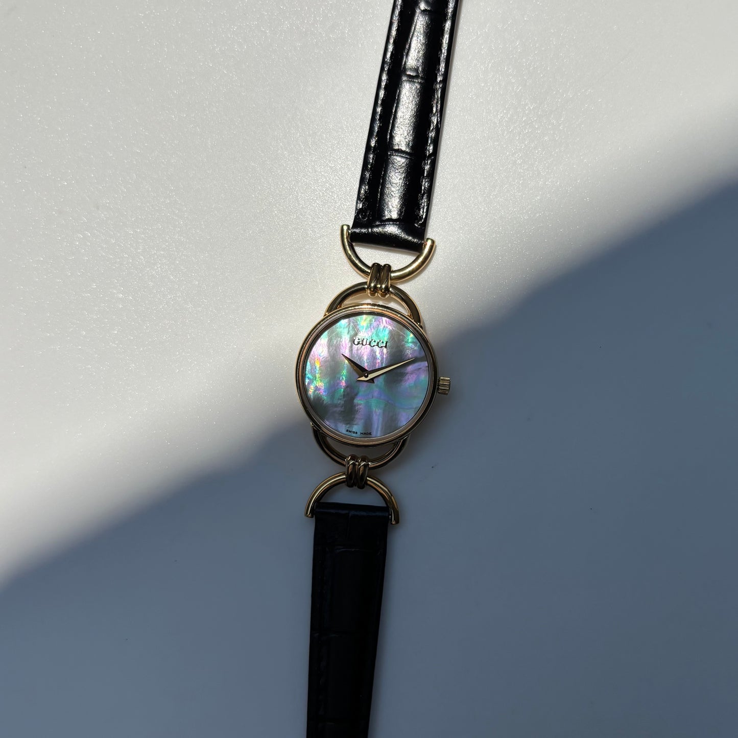 Gucci 1990s Seashell Dial Horsebit Gold Plated Watch