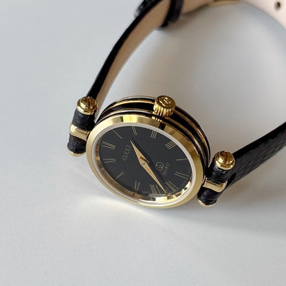 Gucci 1980s Black Round Dial Gold Plated Watch