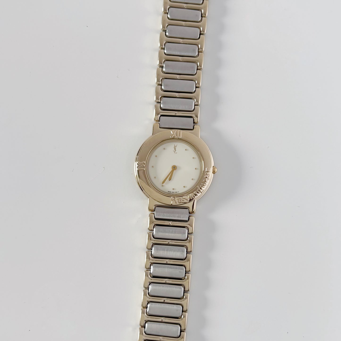 Yves Saint Laurent 1990s Cream Round Dial Two Tone Watch (Large)